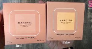 Màu logo hộp nước hoa Narciso cam lùn thật và fake