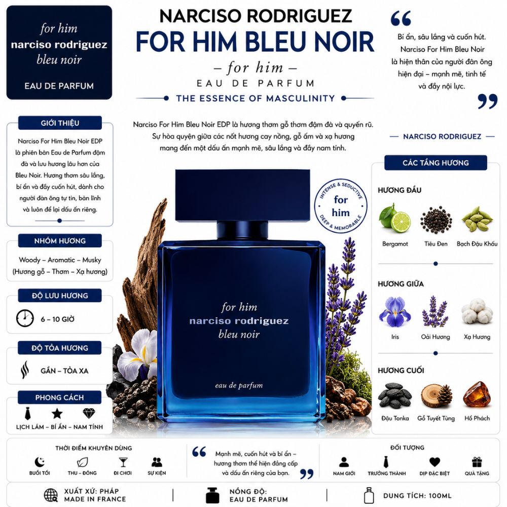 Narciso Rodriguez Bleu Noir For Him EDP 17 Thông tin Narciso For Him Bleu Noir EDP _ Tiến Perfume