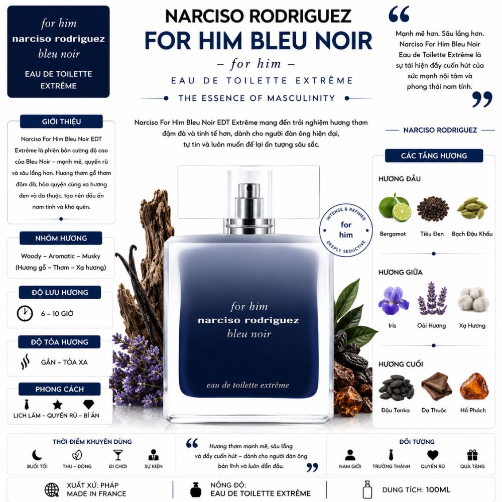Narciso Rodriguez Bleu Noir For Him EDT Extreme 19 Thông tin Narciso For Him Bleu Noir EDT Extreme _ Tiến Perfume