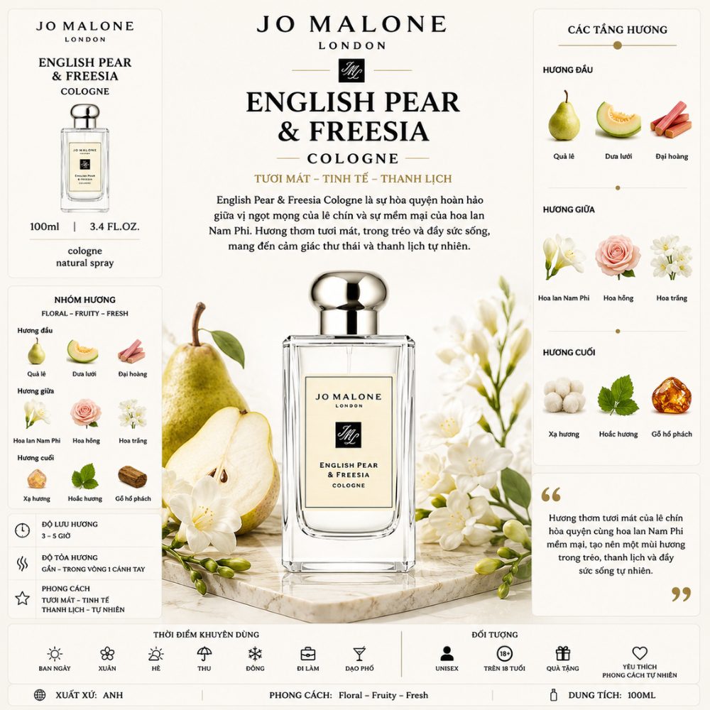 Jo Malone English Pear & Freesia Cologne 21 Thông tin Jo Malone English Pear & Freesia Cologne _ Tiến Perfume