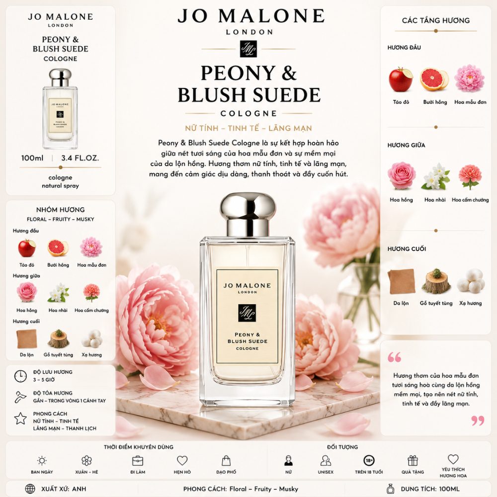 Jo Malone London Peony & Blush Suede Cologne 21 Thông tin Jo Malone London Peony & Blush Suede Cologne _ Tiến Perfume