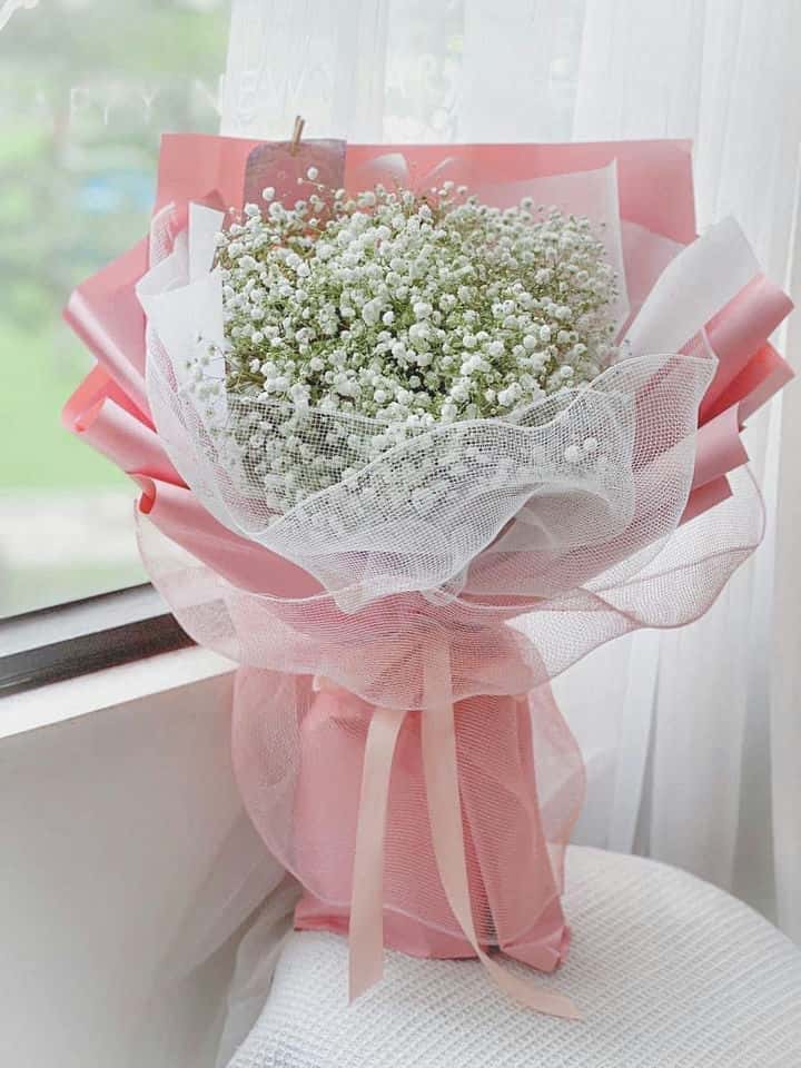 Bó hoa baby hồng mẫu lưới trắng size vừa - ảnh tiemhoavenus