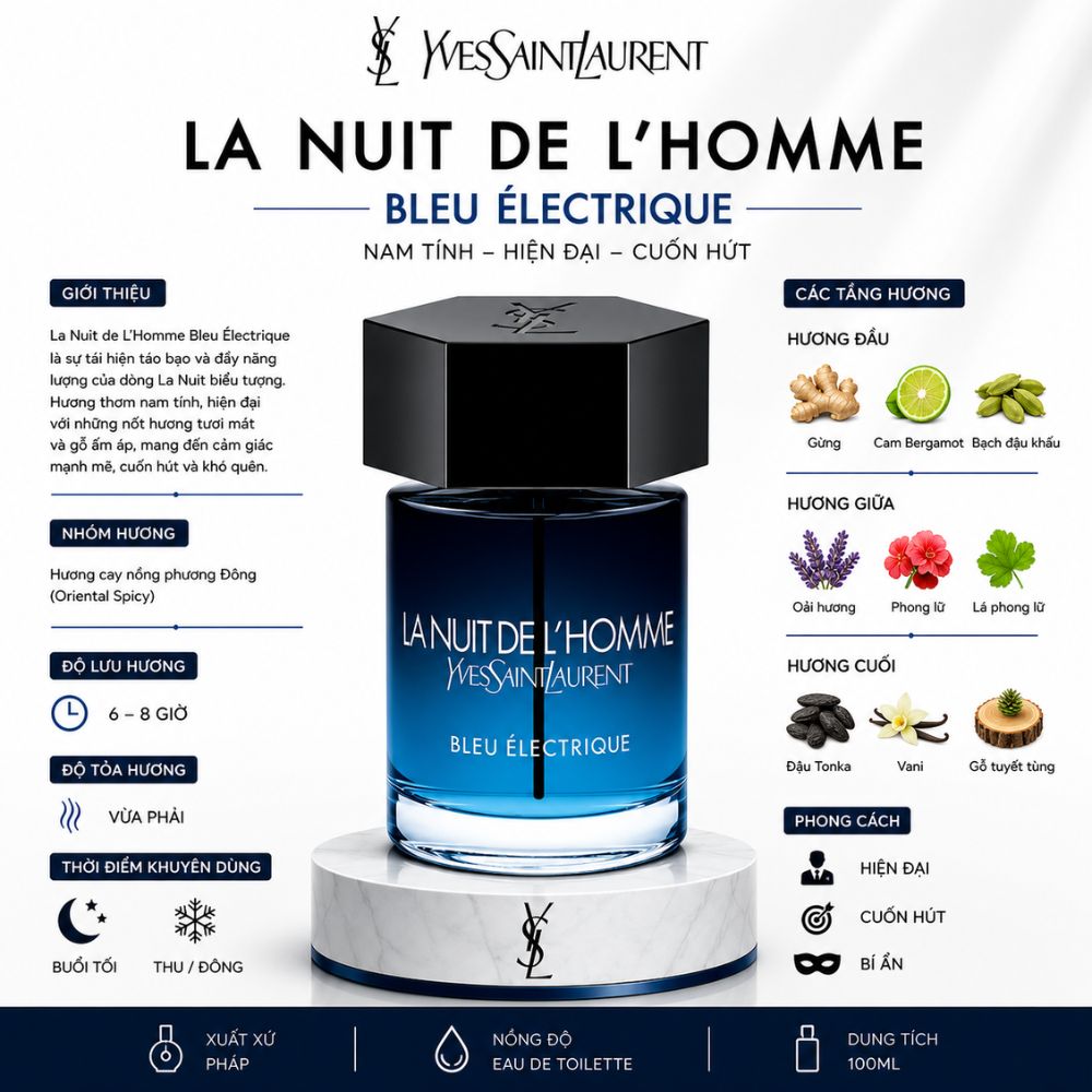 YSL La Nuit de L’Homme Bleu Electrique 10 Thông tin La Nuit de L'Homme Bleu Électrique _ Tiến Perfume